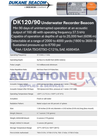 DUKANE SEACOM DK120-90 Aviation Underwater Location Beacon Specs