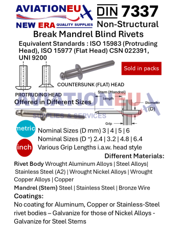 Μη Δομικά Τυφλά Πριτσίνια Αλουμινίου/Χάλυβα/Ανοξείδωτου Χάλυβα SKU: RVT-BLD-N/STRL