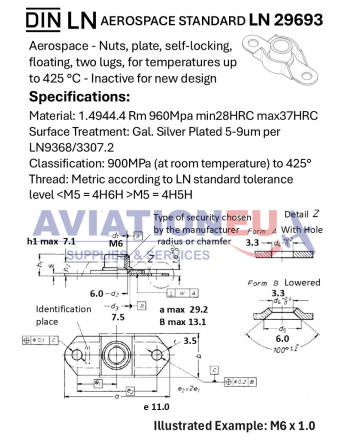 DIN LN29693 Metric Self-Locking Floating Two-Lug Anchor Nuts - Specifications