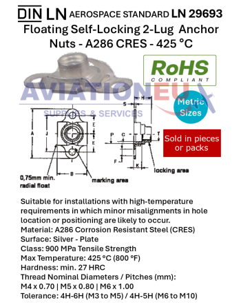 DIN LN29693 Metric Self-Locking Floating Two-Lug Anchor Nuts-A286 CRES